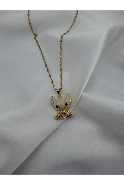 beus Zirkon Taşlı Mineli Mavi Karakter Figürlü Kolye 316L Paslanmaz Çelik Gold 40+6 cm - Kadın