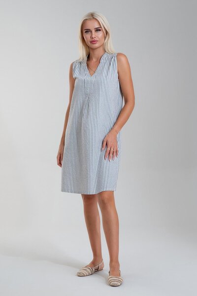Bold & Young Γυναικείο ριγέ φόρεμα με τσέπες, υφαντό βαμβακερό φόρεμα με ρίγες σε ναυτικό μπλε εκρού