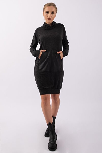 Bold & Young Rochie de damă, antracit, lână, viscoză, combinație de piele artificială, cu guler plisat