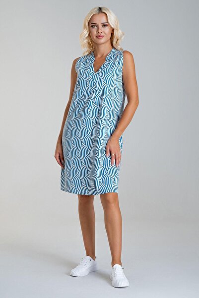 Bold & Young Дамска рокля от памук с джобове, с принт в стил лен и сини геометрични мотиви