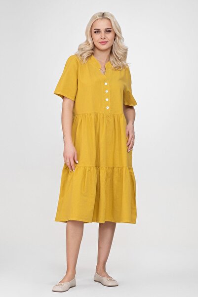 Bold & Young Γυναικείο φόρεμα με κοντό μανίκι με κορδόνι με κουμπιά, βαμβακερό μουσταρδί