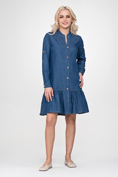 Bold & Young Жіноча сукня з кишенями, брильєвим коміром, підібраним низом і складними рукавами, кольору індиго