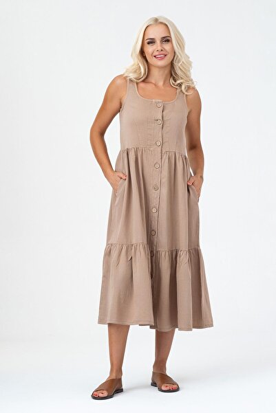 Bold & Young Дамска рокля с джобове, набрана, с презрамки, с квадратна яка и копчета БЕЖЕ