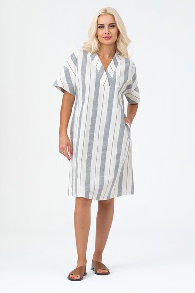 Bold & Young Women's v-neck short sleeve cotton dress with pockets - black and white pinstripe