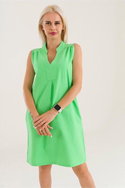 Bold & Young Γυναικείο βαμβακερό φόρεμα τσέπης σε πράσινο χρώμα