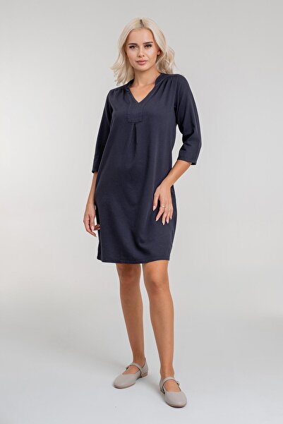 Bold & Young فستان نسائي بأكمام 3/4 مع جيوب، بدون تجعيد عند الكتف، مصنوع من قماش قطني منسوج، لون أنثراسيت داكن