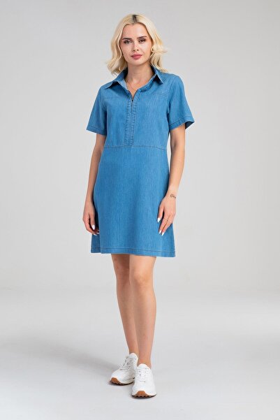 Bold & Young Rochie de damă indigo cu jumătate de plăcuță, cu fermoar, cu mânecă scurtă, cu guler de cămașă subțire, blugi