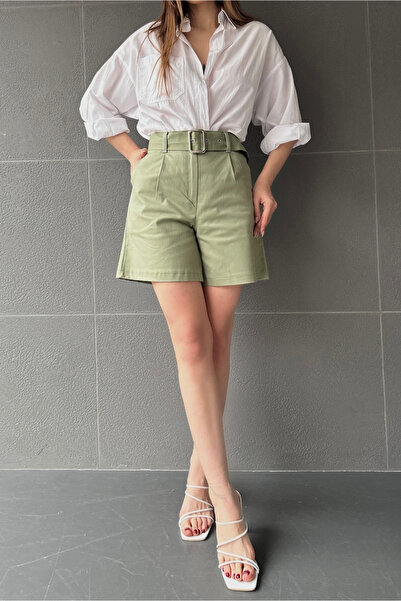 Fav Style Pantaloni scurți pentru femei talie înaltă cu picioare largi, cu centură ochi de pasăre, cu buzunare duble, verde apă