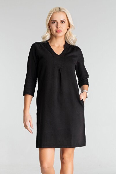 Bold & Young Kadın Cepli 3/4 Kol Çekmez Omuz Büzgülü A Pli Pamuklu Dokuma Kumaş Efsane Elbise Siyah1