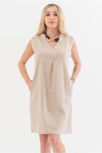 Bold & Young Pocketed Washed Cotton Stretch Fabric Dress Beige