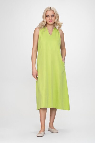 Bold & Young Γυναικείο Φόρεμα από Βαμβάκι με V-Neck και Τσέπες, Λαχανί