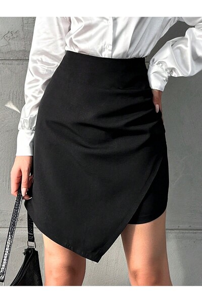 Smart Moda Ruched Detail Black Mini Woven Skirt Et0020