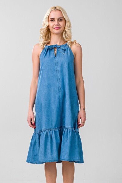 Bold & Young Жіноча спідниця кольору індиго поділ матові кишені без рукавів джинсова ткана сукня зі шнурівкою на шиї