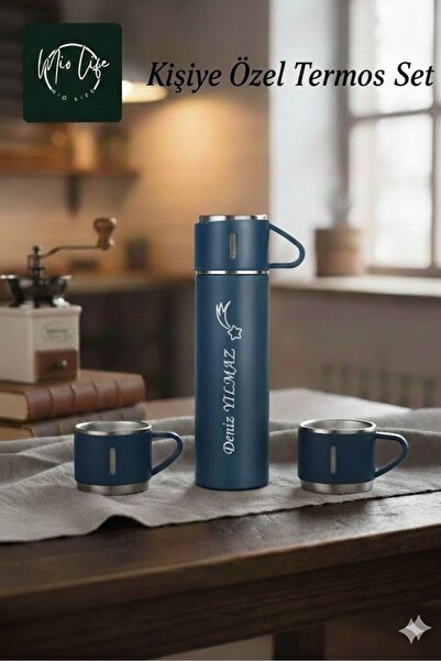 Mio Life Kişiye Özel İsimli Hediyelik Termos - 3 Bardaklı Paslanmaz Çelik Termos 540 ml