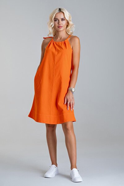 Bold & Young فستان نسائي من القطن غير المنسوج بياقة هالتر وحواف مزخرفة وجيوب باللون البرتقالي