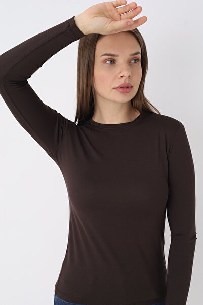 SIR İç Giyim بودي نسائي بني داكن بأكمام طويلة وياقة دائرية