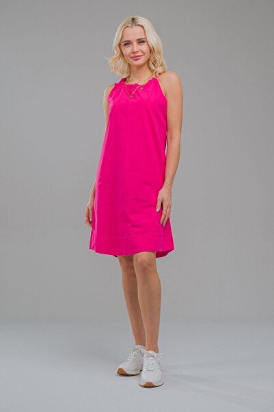 Bold & Young فستان نسائي منسوج من القطن باللون الفوشيا مع رقبة رسن وجيب