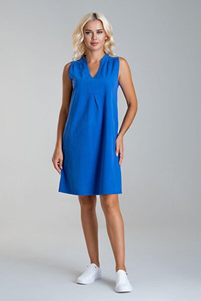 Bold & Young Rochie de damă din bumbac Saks Blue Linen Look cu buzunare