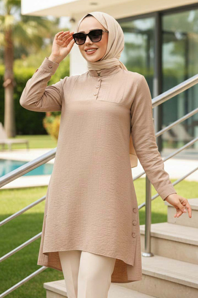 Neva Style Button Detailed Mink Hijab Tunic 4664V
