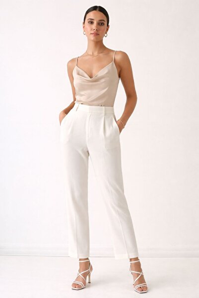 MG Ön pile detaylı bilek boy beyaz pantolon ofis günlük şık