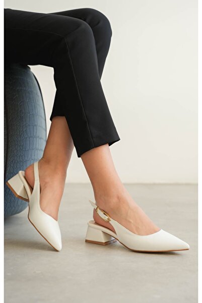 MODAADAM Women's Mely Buckle Low Heeled Shoes - White-Leather