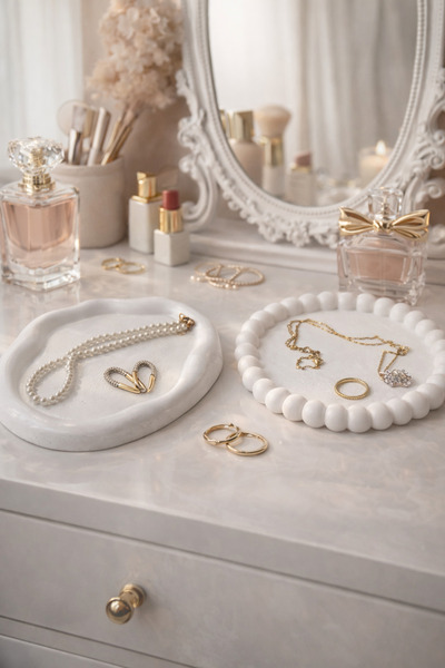 Homesinti منظم مجوهرات مصنوع يدويًا من مسحوق الحجر وطقم صينية على شكل عضوي