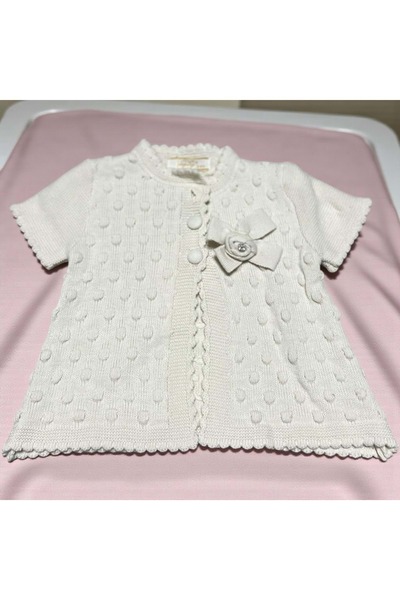 RYZE ÇOCUK Tricot Cardigan with Pompon Collar and Bow Detail Cream
