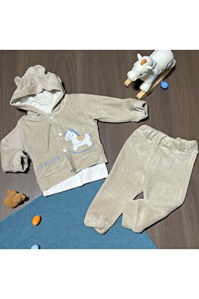 Necix's Embroidered Hooded Velvet Top and Bottom Set Cream