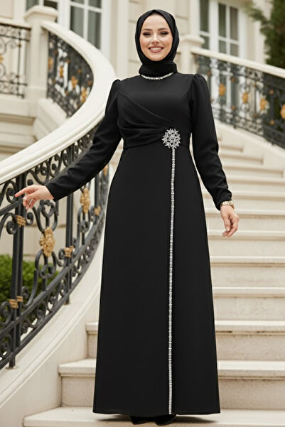 Neva Style Rochie de seara neagra cu margele brodate 46021S