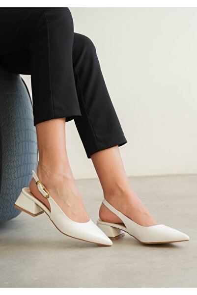 MODAADAM Women's Mely Buckle Short Heeled Shoes - White-Patentate