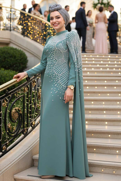 Neva Style Sleeves Cape Green Hijab Evening Dress 51671Cy