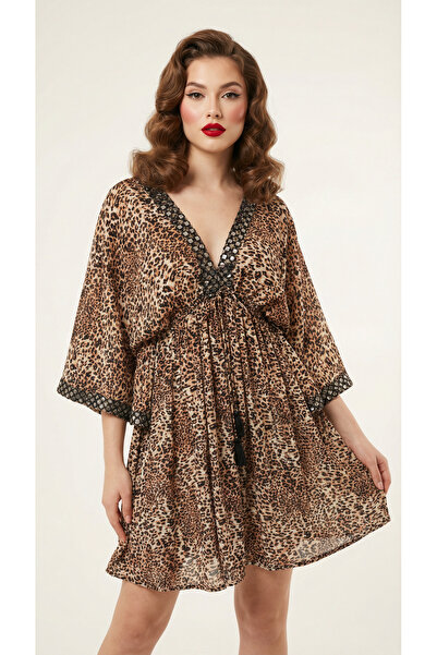 Matcha Butik فستان نسائي من الحرير الهندي بنقشة الفهد ومطرز بتصميم عرقي، مقاس...