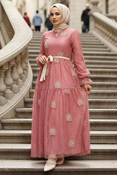 Neva Style Çiçek Desenli Koyu Somon Tesettür Elbise 1216KSMN