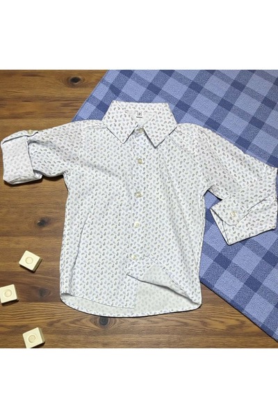 RİNDO KİDS Long Sleeve Poplin Shirt with Patterned Collar Blue