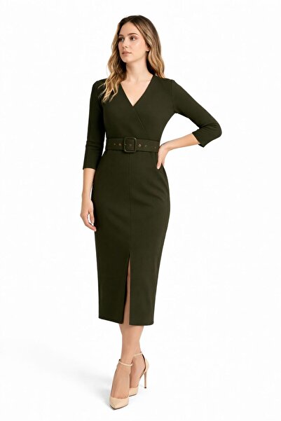 MG GİYİM STORE Women's Khaki Double-Breasted Collar Belted Midi Dress