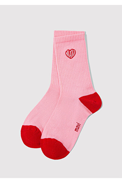 Mavi Logo Nakışlı Pembe Soket Çorap 1913874-17865