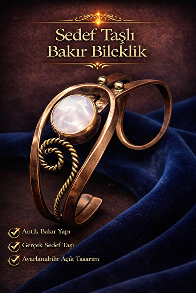 İyyaKee Kadın Bakır Bileklik Doğal Taşlı Otantik Model Bilezik Her Bileğe Uygun