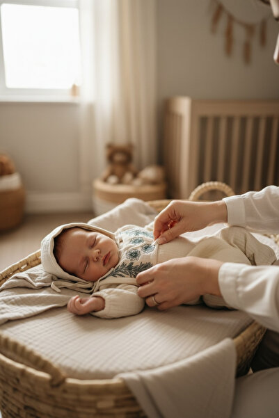 THELAKIDS Morris Desen Nakışlı Müslin Yenidoğan Set ( Tulum & Bonet şapka )