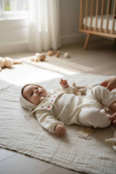 THELAKIDS Pink Vintage Nakışlı Müslin Yenidoğan Seti ( Tulum & Bonet Şapka)