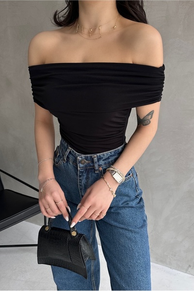 Fav Style Guler Madonna negru - Bluză de damă cu adunare laterală