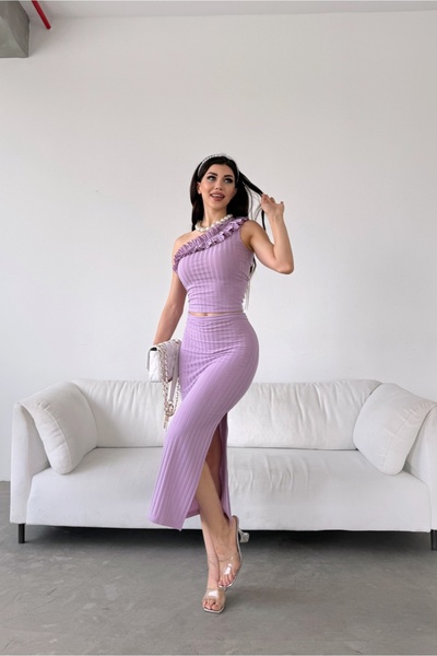 Fav Style Set de bluză crop liliac cu un singur umăr și fustă cu fante