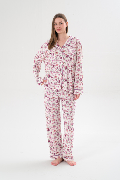 Kyron طقم بيجامة نسائي بأكمام طويلة وأزرار - قماش مودال