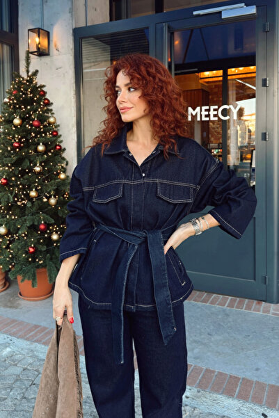 MEECY Dark Navy Blue Tie-Up Denim Suit Oversized Jacket and High Waist Pants