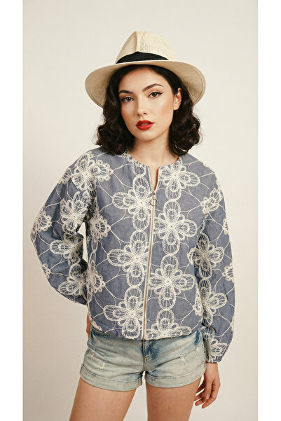 Matcha Butik جاكيت بومبر من الجبردين مطرز بوهيمي - لون جين