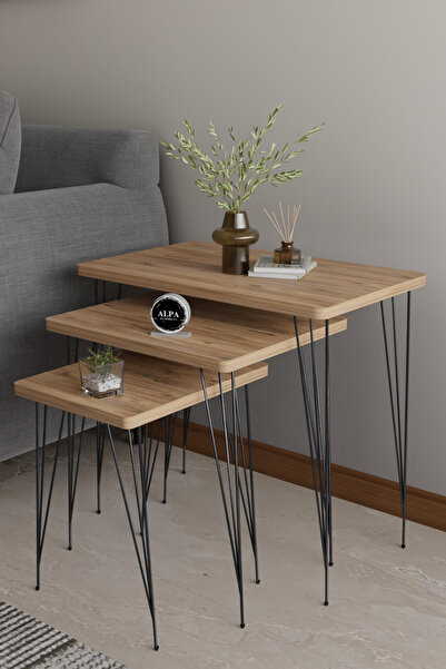 alpaevmobilya 3'lü Metal Siyah Tel Ayaklı Dikdörtgen Zigon Sehpa Takımı - Modern Salon ve Yan Sehpa Seti