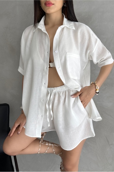 Fav Style Cămașă și pantaloni scurți cu mânecă scurtă Aerobin pentru femei, alb