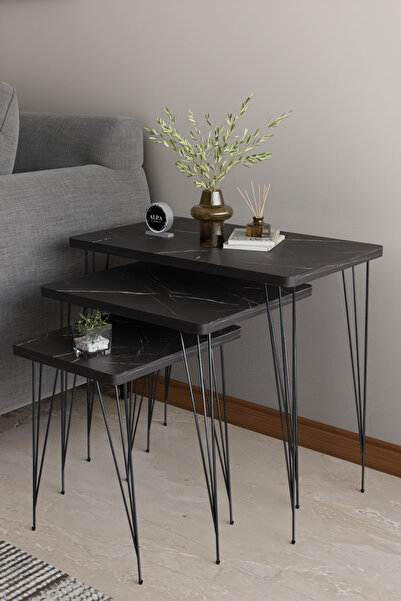 alpaevmobilya Modern 3'lü Kare Zigon Sehpa Mermer Desenli Metal Tel Ayaklı Salon Sehpası