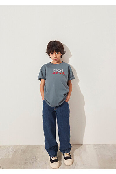 Mavi Graues T-Shirt mit Jeans-Print, lockere Passform / lockere, entspannte Passform 6610287 -80889