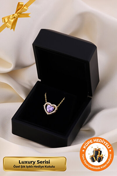 Lucente Jewellery Işıklı Hediye Kutulu Taşlı Kalp Aşk 925 Ayar Gümüş Kaplama Yılbaşı Hediyesi Kadın Kalpli Kolye Mor
