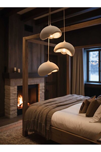 Storizaa Beyaz Modern 3’lü Sarkıt Avize – 3d Baskı Yuvarlak Tasarım Rustik Lamba Hediyeli